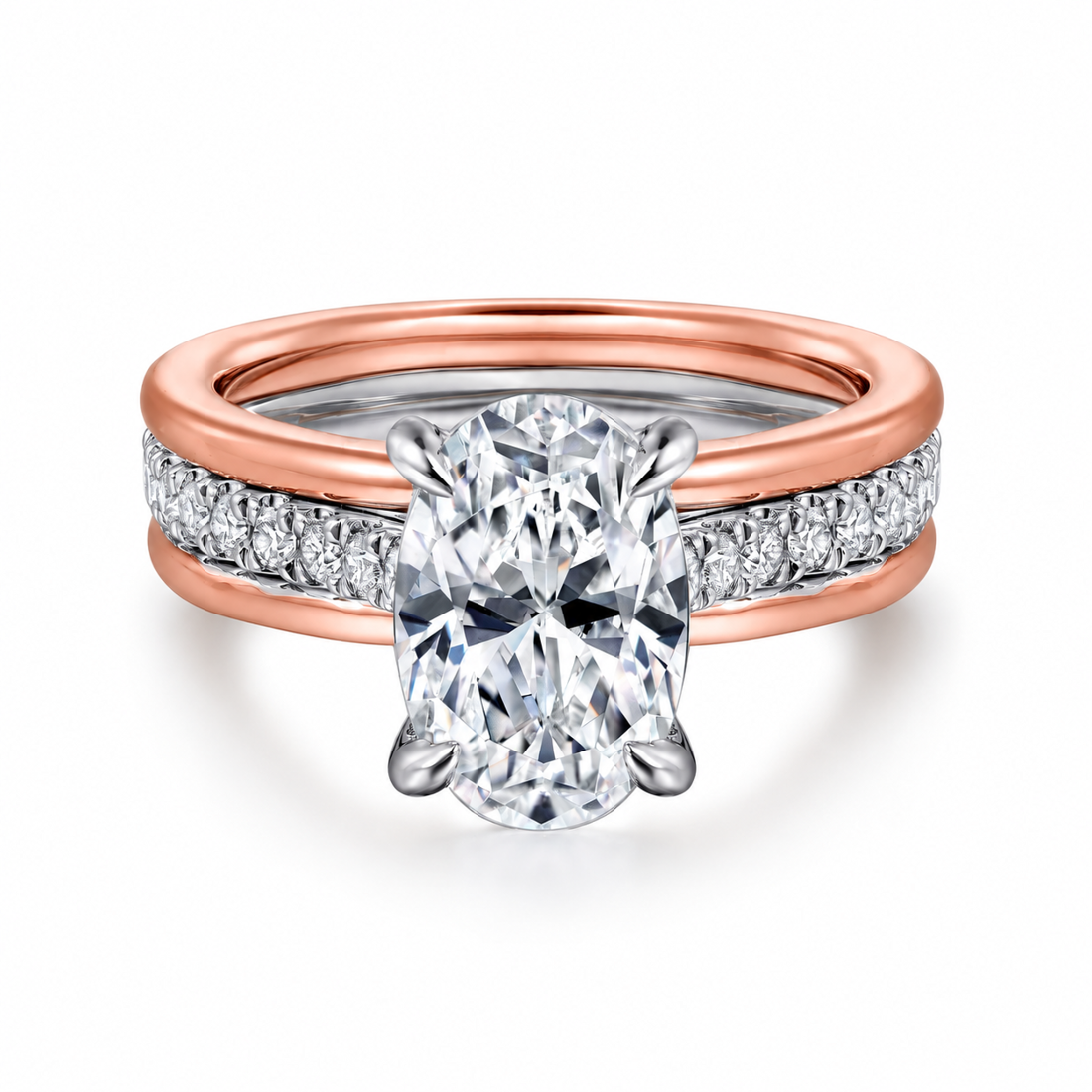 Rose gold 2ct oval moissanite engagement ring front perspective view