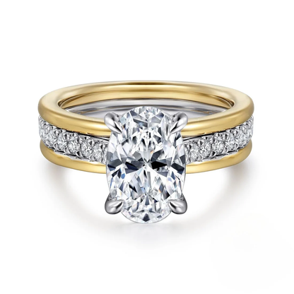 Yellow gold 2ct oval moissanite engagement ring front perspective view