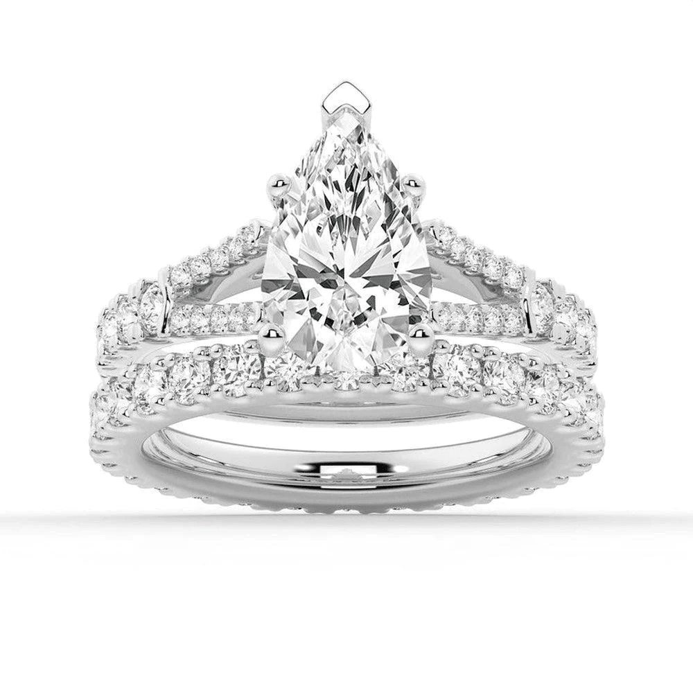 Pear Moissanite Engagement Ring and Pavé Wedding Band Set - Novelle Vow