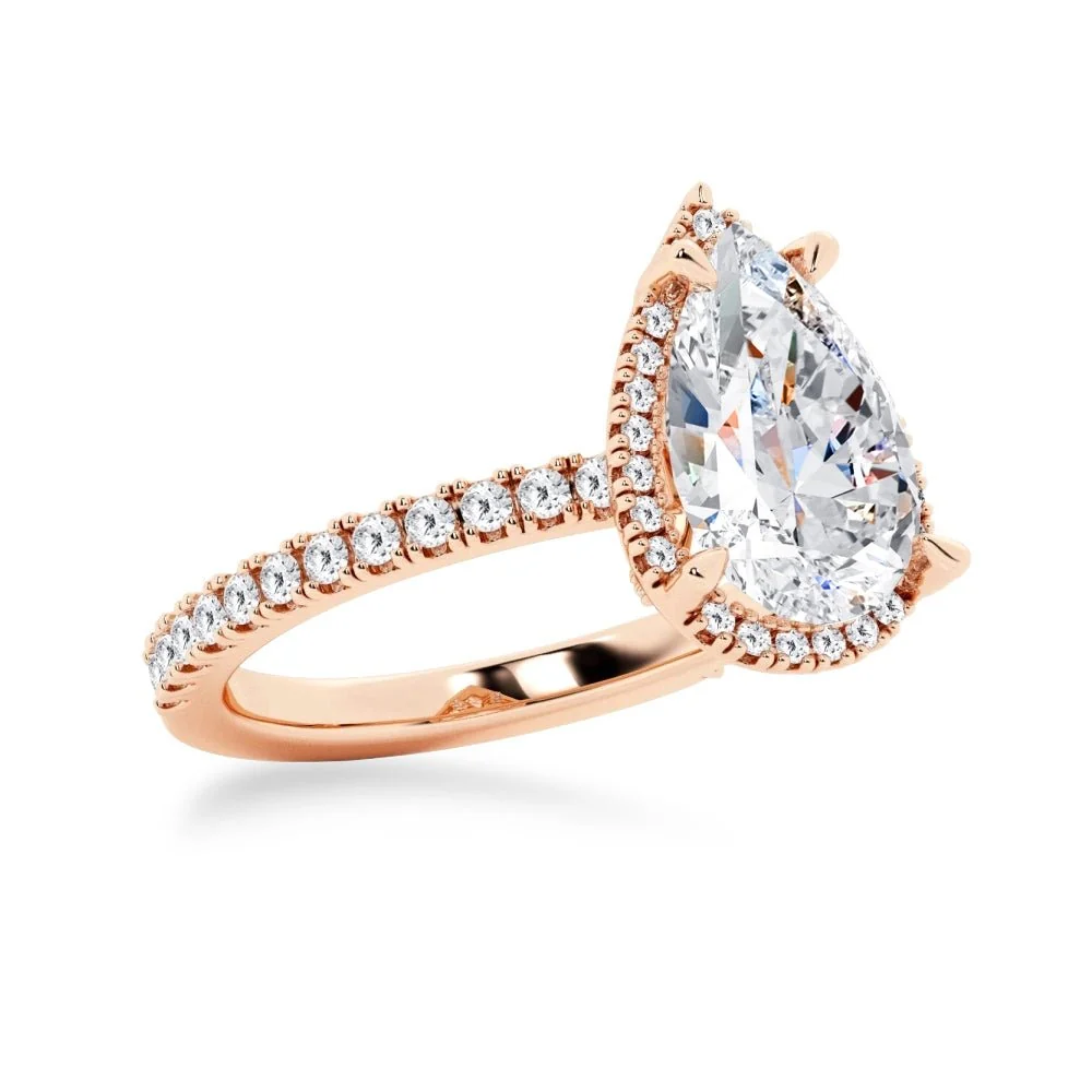 Pear Moissanite Halo Engagement Ring with Pavé Band