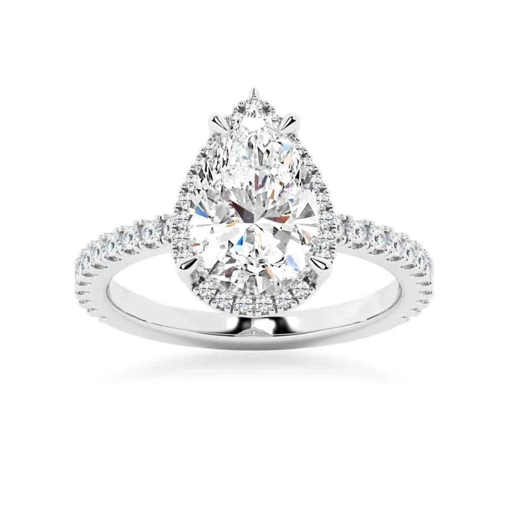 White gold pear cut moissanite engagement ring top view with halo and pave band-NOVELLE VOW