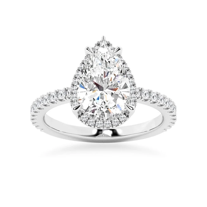 White gold pear cut moissanite engagement ring top view with halo and pave band-NOVELLE VOW