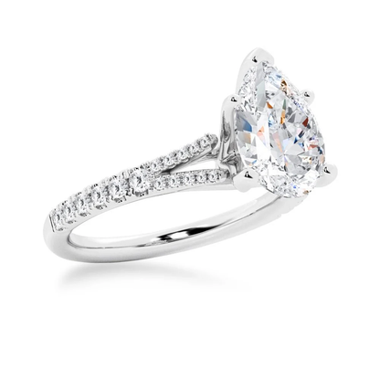 White gold pear-cut moissanite engagement ring 3/4 perspective view with pave split shank