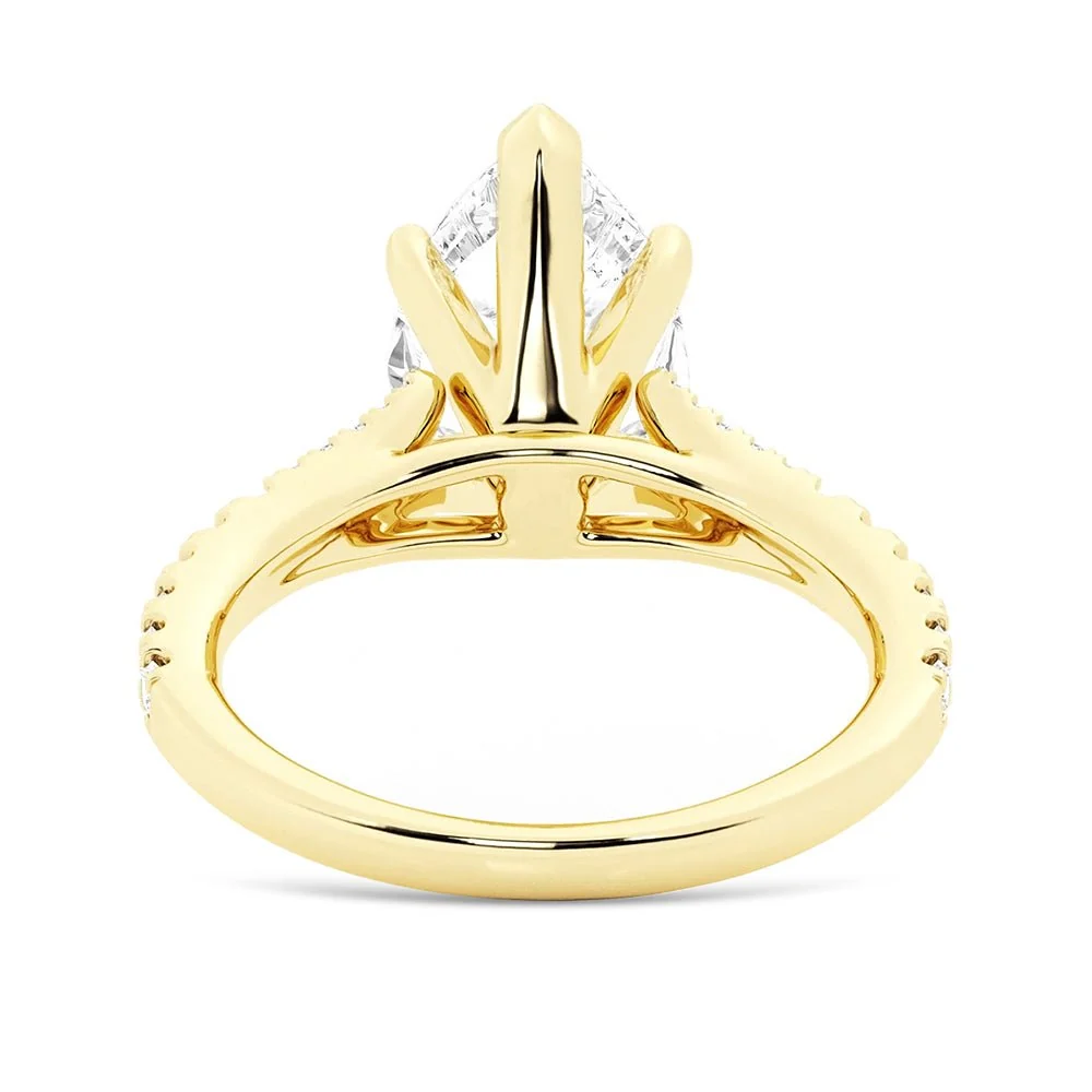 Yellow gold pear-cut moissanite engagement ring direct side profile view