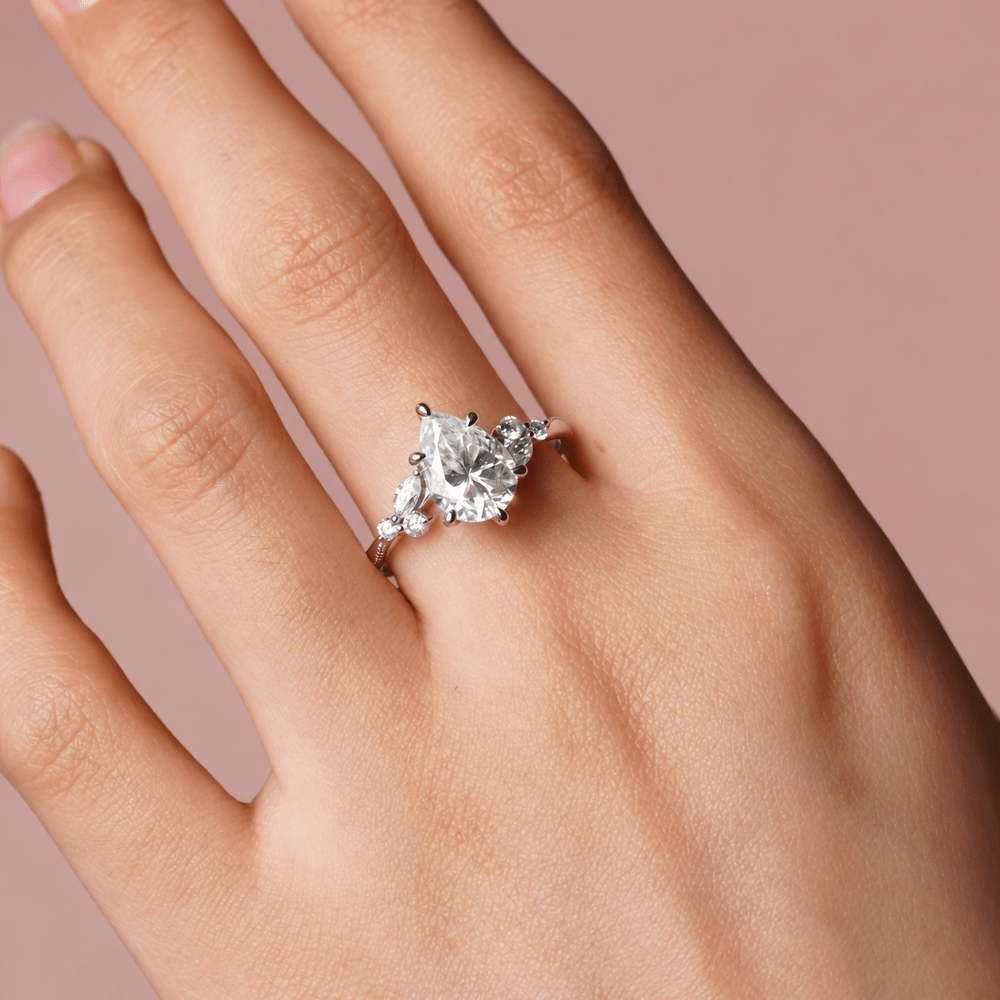 Pear Moissanite Engagement Ring with Botanical Cluster Accents - Novelle Vow