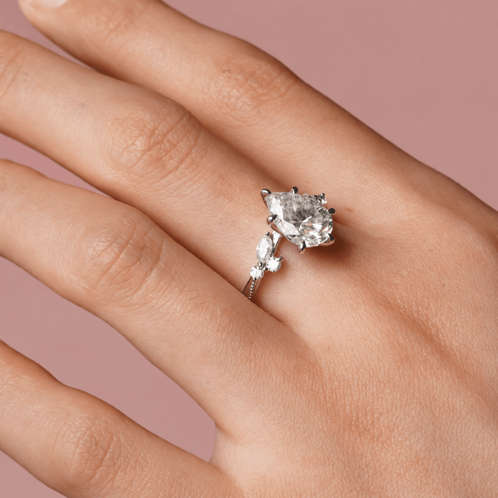 Pear Moissanite Engagement Ring with Botanical Cluster Accents - Novelle Vow