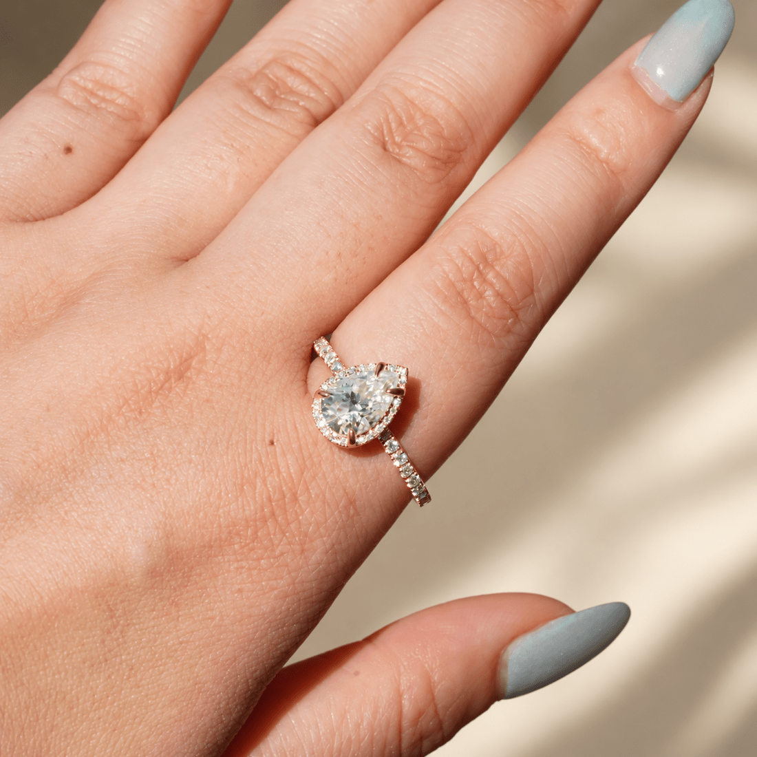 Pear Moissanite Halo Engagement Ring with Pavé Band - Novelle Vow