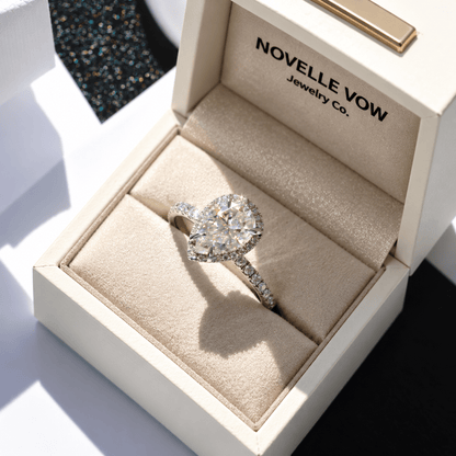 Pear Moissanite Halo Engagement Ring with Pavé Band - Novelle Vow