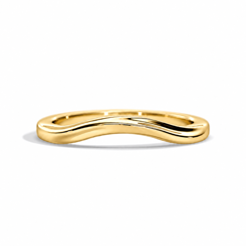 Front view of 1.6mm yellow gold high polish plain curved wedding band