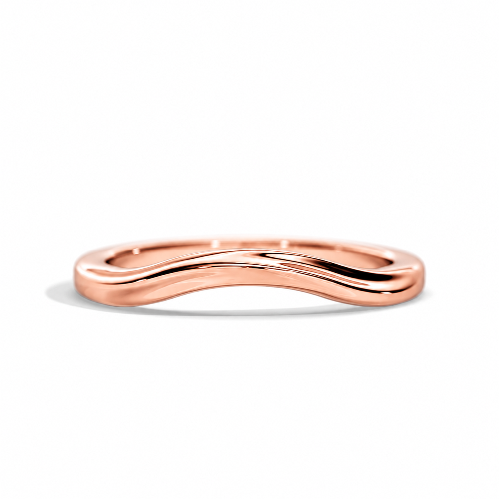 Front view of 1.6mm rose gold high polish plain curved wedding band