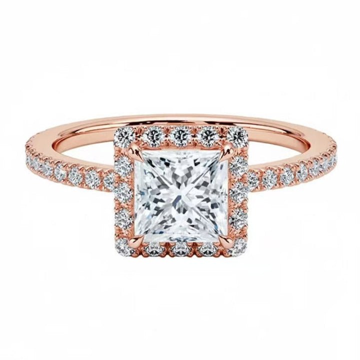 Princess Cut Halo Moissanite Engagement Ring with Pavé Band - Novelle Vow