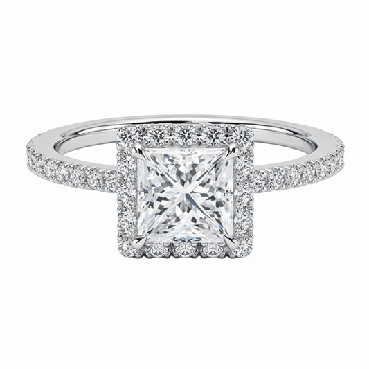 Princess Cut Halo Moissanite Engagement Ring with Pavé Band - Novelle Vow