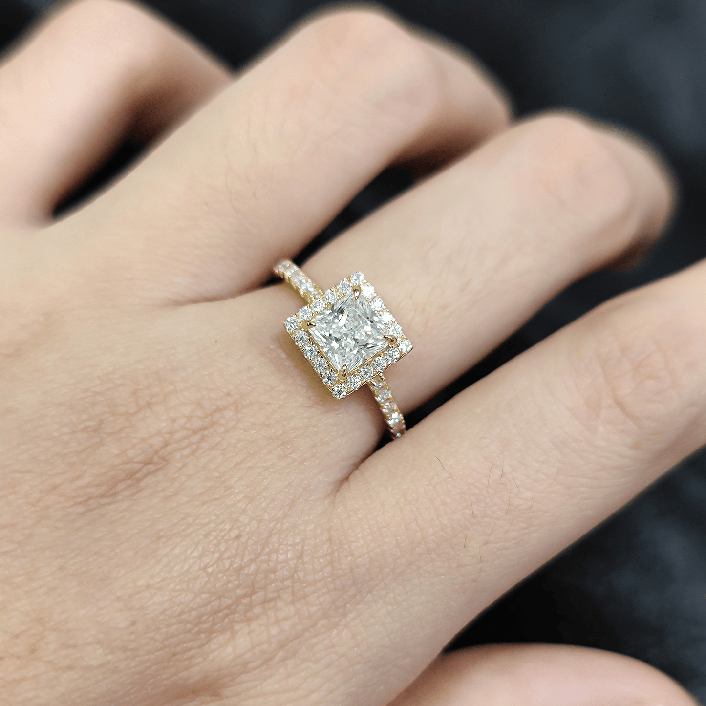 Princess Cut Halo Moissanite Engagement Ring with Pavé Band - Novelle Vow