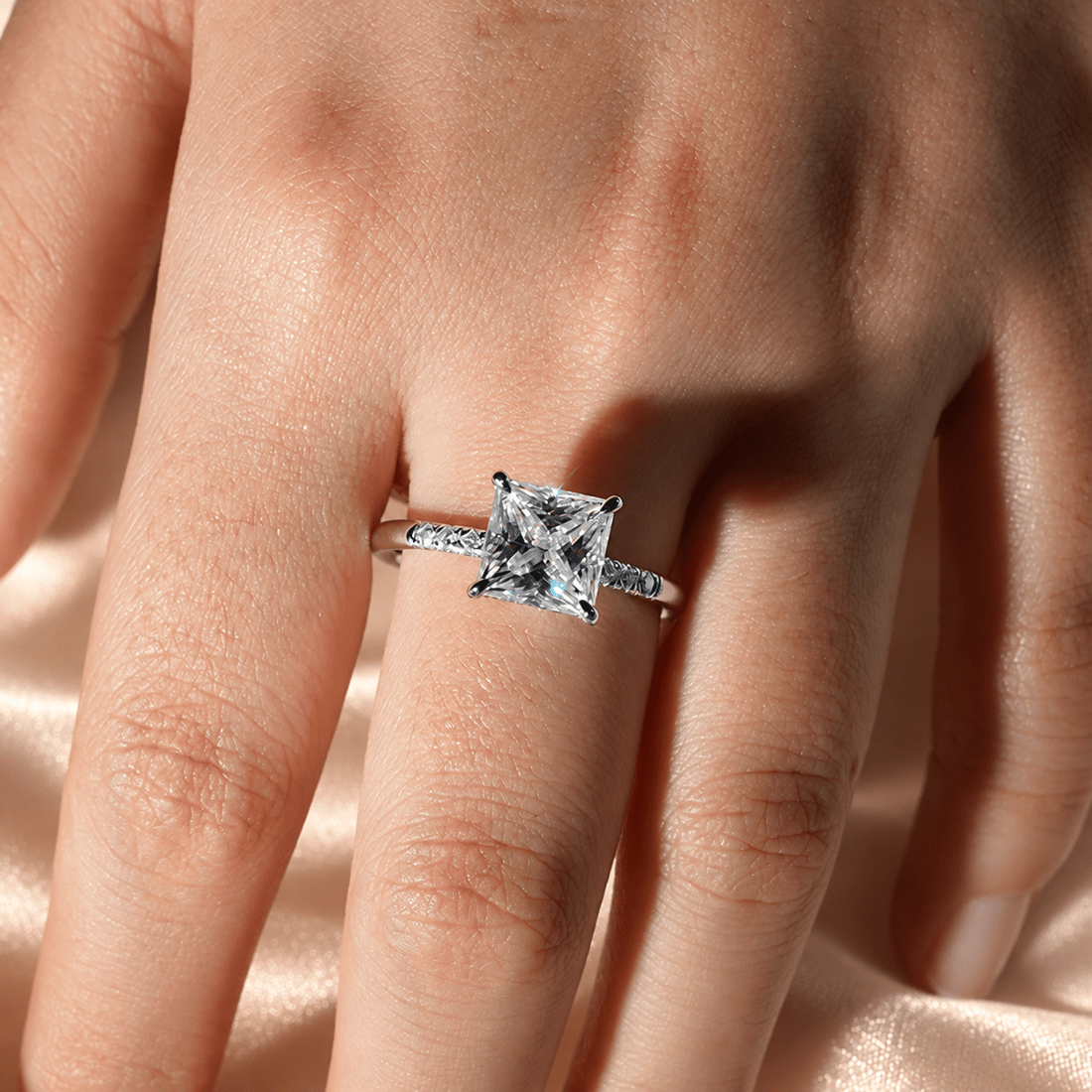 Princess Cut Moissanite Engagement Ring with Hidden Halo & Pavé Band - Novelle Vow