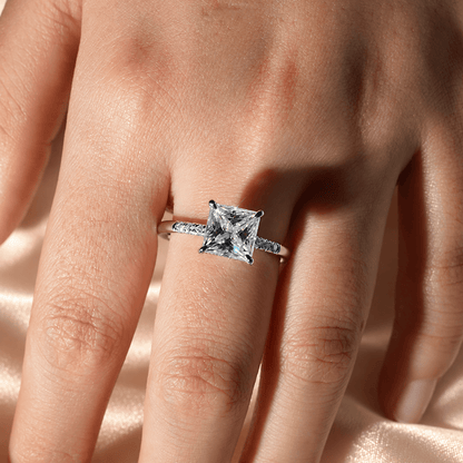 Princess Cut Moissanite Engagement Ring with Hidden Halo & Pavé Band - Novelle Vow