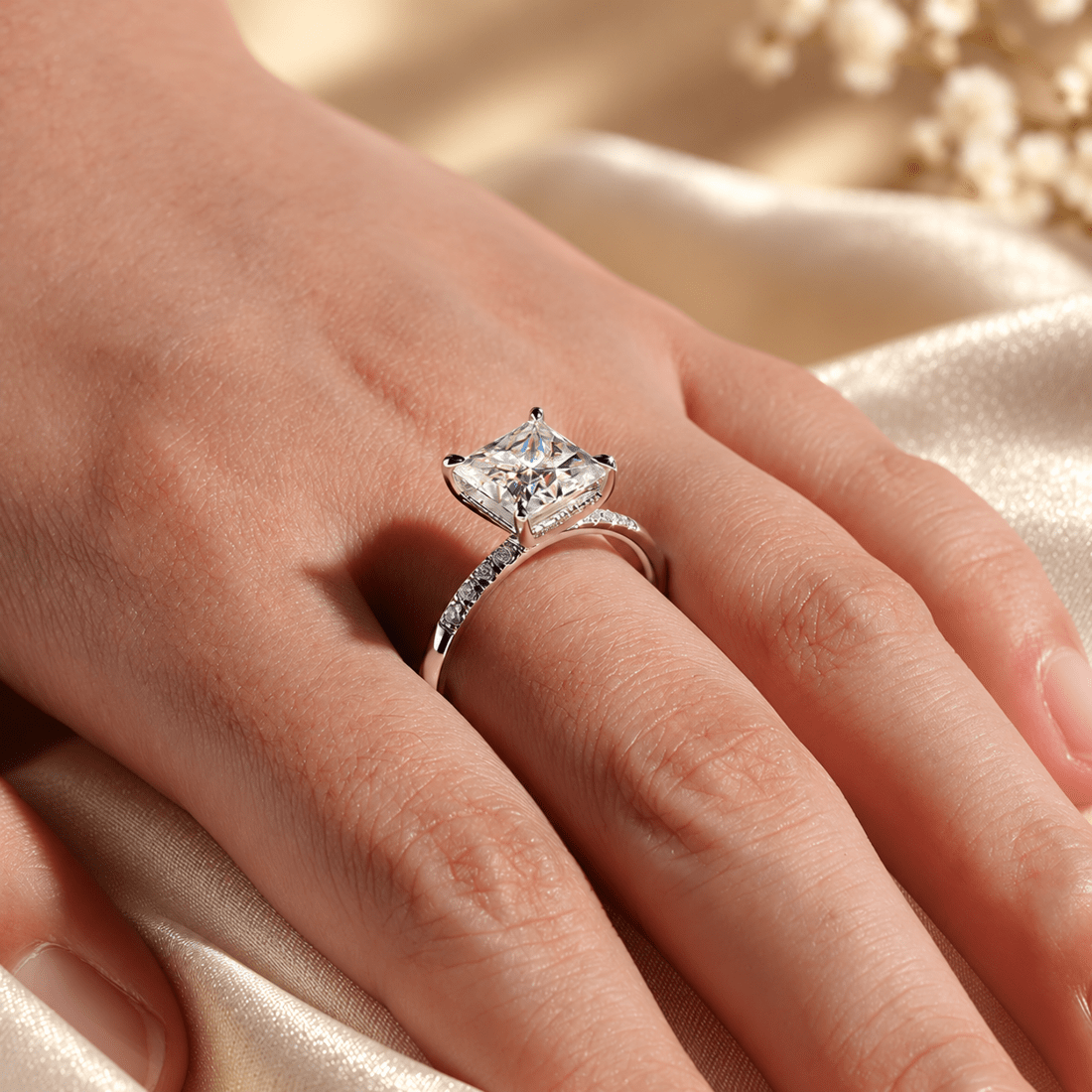Princess Cut Moissanite Engagement Ring with Hidden Halo & Pavé Band - Novelle Vow
