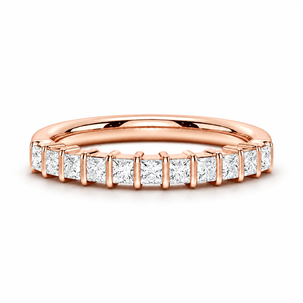 Front view of rose gold princess cut moissanite half eternity ring