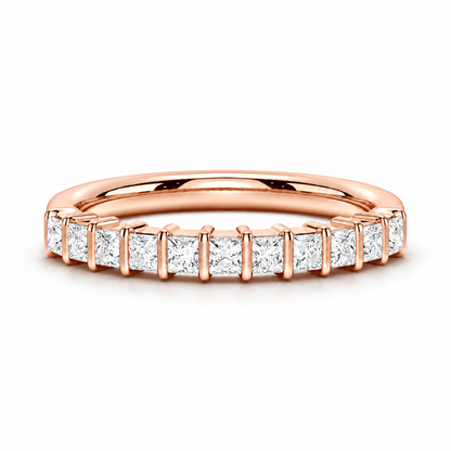 Front view of rose gold princess cut moissanite half eternity ring