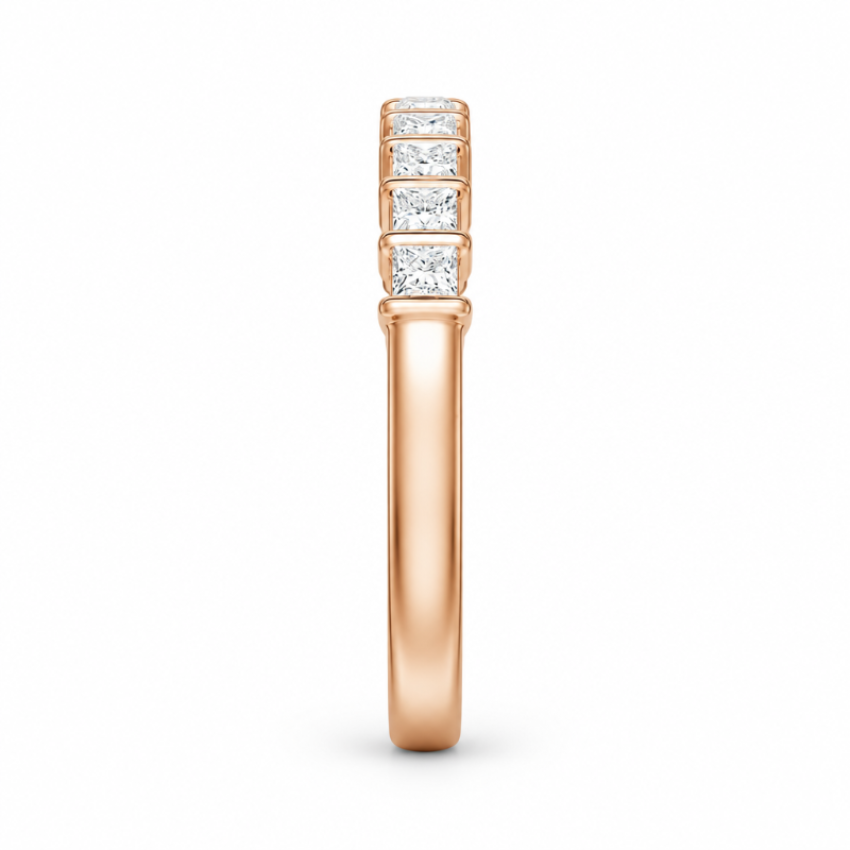 Side thickness view of rose gold princess cut moissanite stacking ring