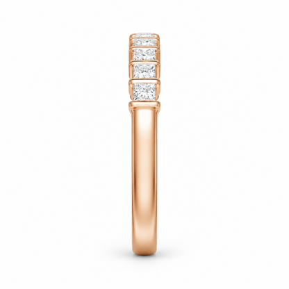 Side thickness view of rose gold princess cut moissanite stacking ring
