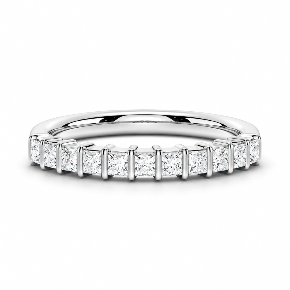 NOVELLE VOW front view of white gold princess cut moissanite half eternity