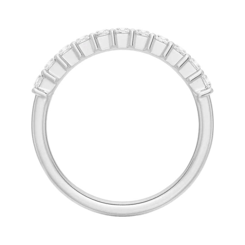 Side thickness view of white gold princess cut moissanite stacking ring