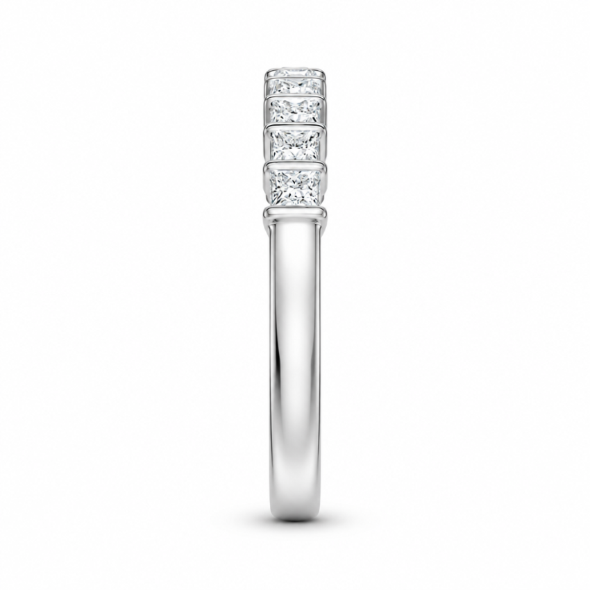 Side profile thickness view of white gold princess cut moissanite stacking band