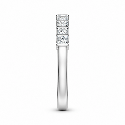 Side profile thickness view of white gold princess cut moissanite stacking band
