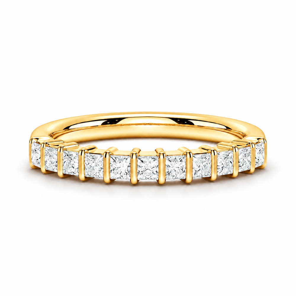 Front view of yellow gold princess cut moissanite half eternity ring