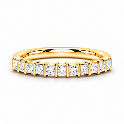 Front view of yellow gold princess cut moissanite half eternity ring