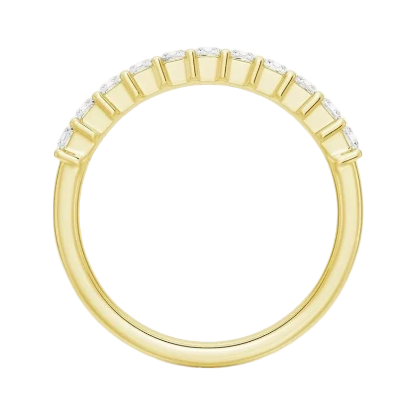 Side thickness view of yellow gold princess cut moissanite eternity band