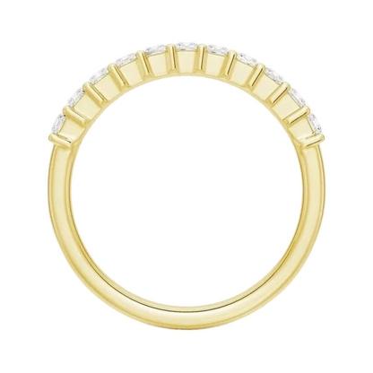 Side thickness view of yellow gold princess cut moissanite eternity band