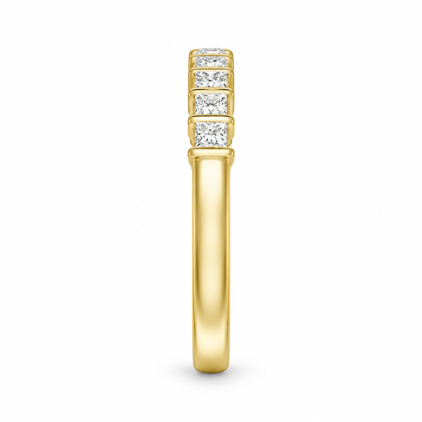 Side thickness view of yellow gold princess cut moissanite eternity band