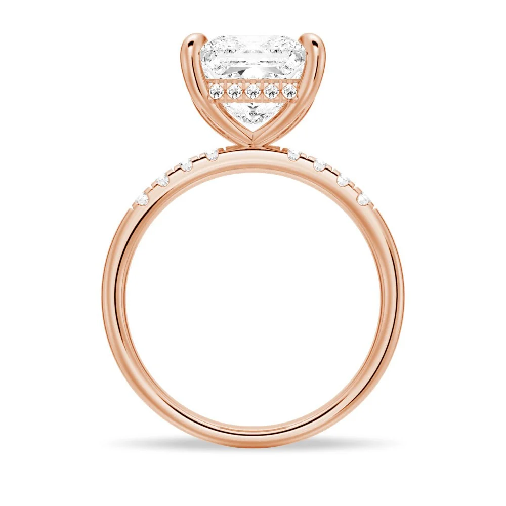 Rose gold princess-cut moissanite engagement ring direct side profile view