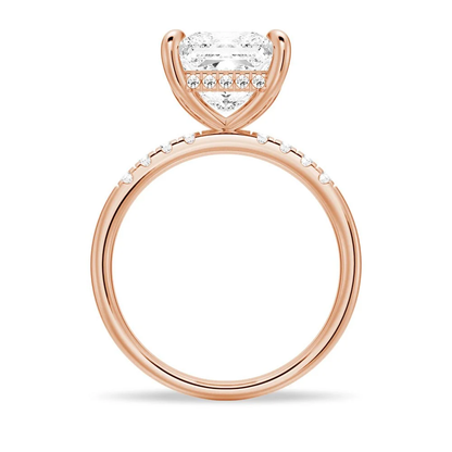 Rose gold princess-cut moissanite engagement ring direct side profile view