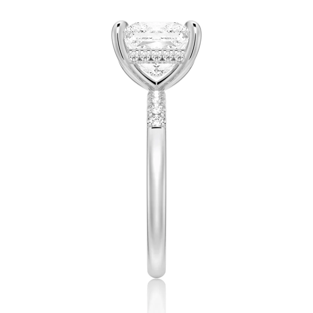 White gold princess-cut moissanite ring side view displaying hidden halo collar and pave shank