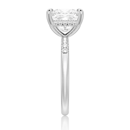 White gold princess-cut moissanite ring side view displaying hidden halo collar and pave shank