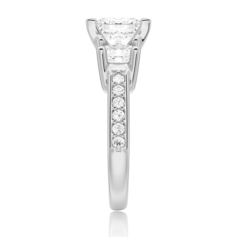 Princess Cut Moissanite Three-Stone Engagement Ring with Pavé Band - Novelle Vow