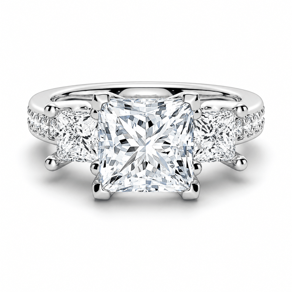 Princess Cut Moissanite Three-Stone Engagement Ring with Pavé Band - Novelle Vow