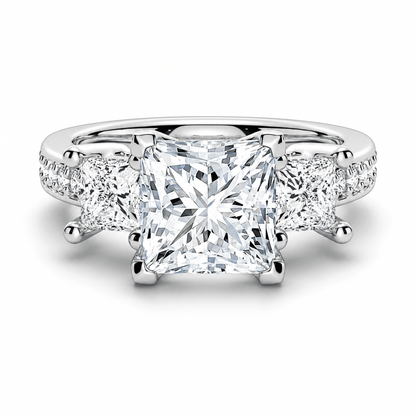 Princess Cut Moissanite Three-Stone Engagement Ring with Pavé Band - Novelle Vow