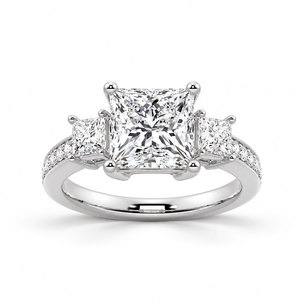 Princess Cut Moissanite Three-Stone Engagement Ring with Pavé Band - Novelle Vow