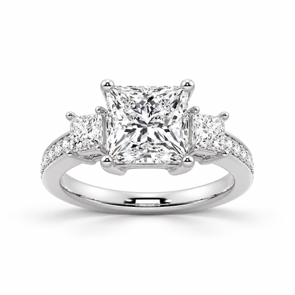 Princess Cut Moissanite Three-Stone Engagement Ring with Pavé Band - Novelle Vow
