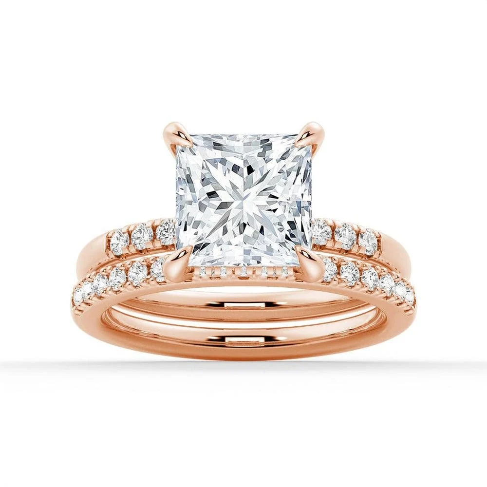 Princess-Cut Moissanite Engagement Ring and Pavé Wedding Band Set