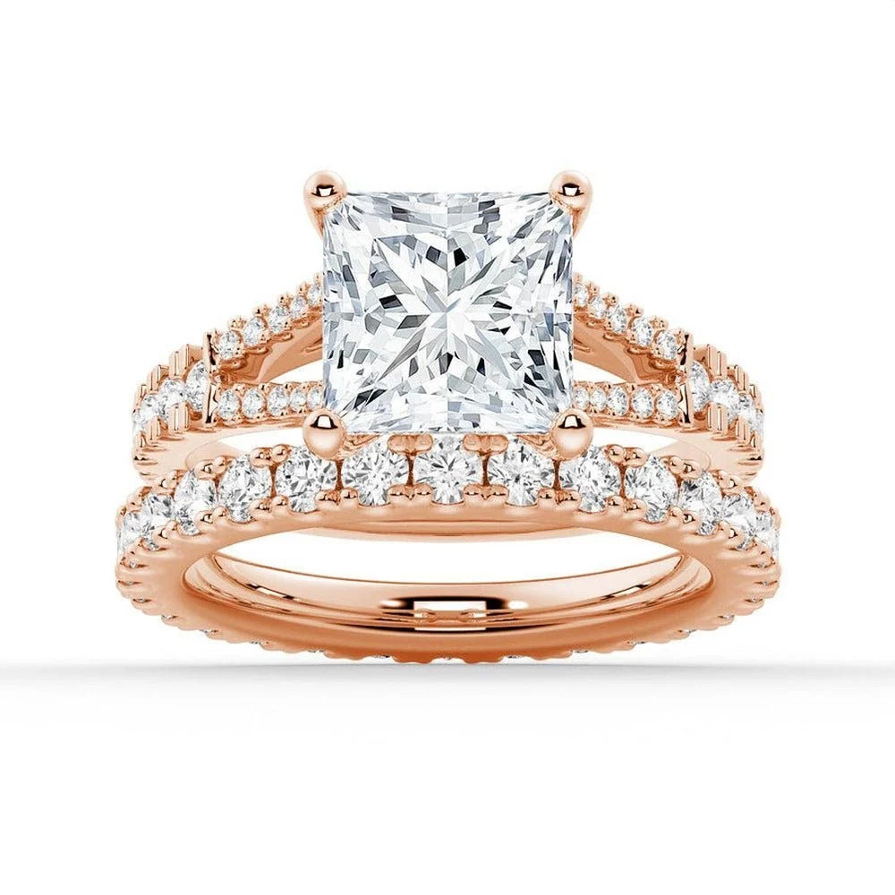 Rose gold princess moissanite bridal set with pave engagement ring and matching wedding band