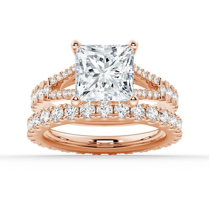 Rose gold princess moissanite bridal set with pave engagement ring and matching wedding band