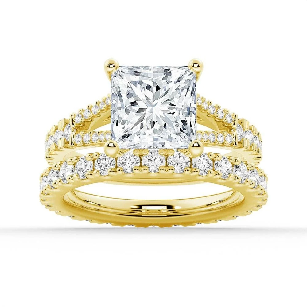 Yellow gold princess moissanite bridal set with pave engagement ring and matching wedding band