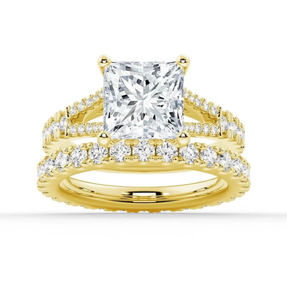 Yellow gold princess moissanite bridal set with pave engagement ring and matching wedding band