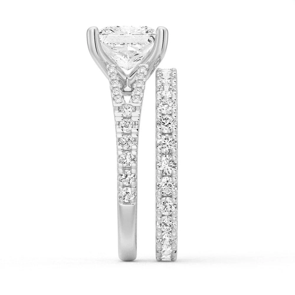 White gold princess moissanite bridal set side profile view showing stacked engagement ring and pave band