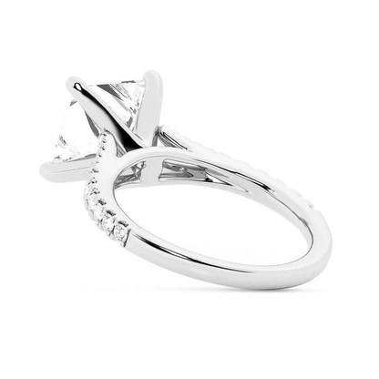 White gold princess cut moissanite engagement ring 3/4 side perspective view showing cathedral pave basket