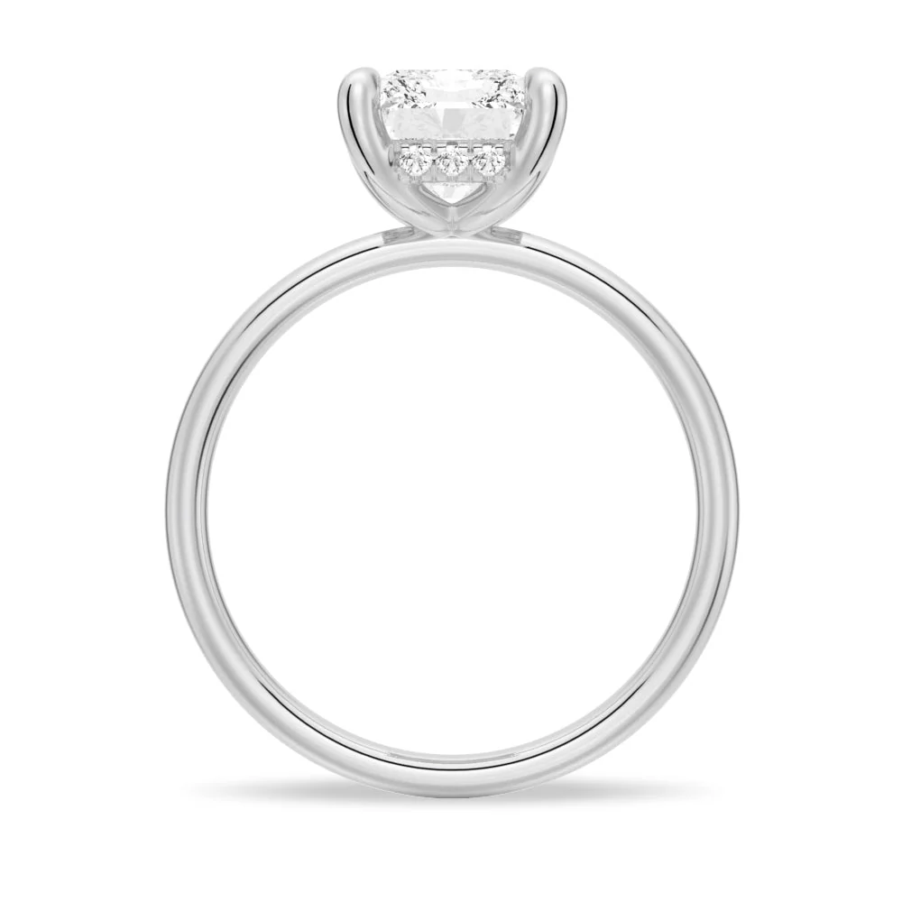 Profile view of Radiant Cut Moissanite Solitaire Engagement Ring with 4 Prong Setting in White Gold